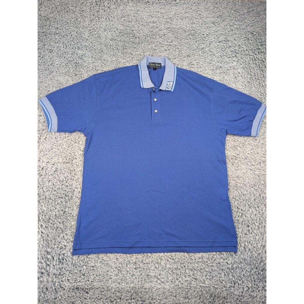 Vintage Five Star Shirt Men Medium Blue USA Made Short Sleeve Polo Casual Golf